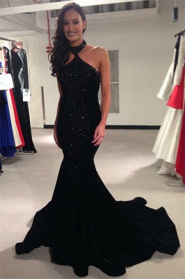 Black Halter Crystal Appliques Sexy Mermaid Prom Dresses | New Arrival Sexy Sleeveless Open-Back Evening Dresses_1