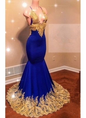 Appliques Spaghetti Sleeveless Formal Dresses Long | V-neck Mermaid Long Prom Dresses_1