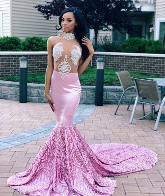 Sexy Pink Mermaid High Neck Sleeveless Sheer Tulle Applique Prom Dresses_2