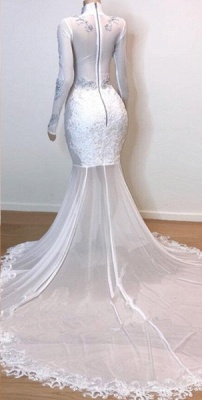 White Stunning Lace Long Sleeve Long Prom Dresses  | New Arrival Sheer Tulle Slit Mermaid Evening Gowns_3