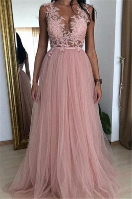 Glamorous Pink A-line Sleeveless Tulle Applique Prom Dresses_1