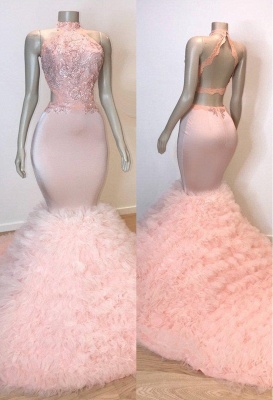 Pink Halter Sleeveless Mermaid Long Prom Dresses  | New Arrival Chic Open Back Lace Tulle Evening Gowns_1