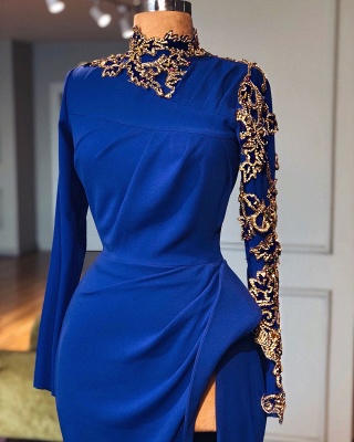 Royal Blue High Neck Side Slit Mermaid Long Prom Dresses  | Elegant Long Sleeve Appliques Evening Gowns_2