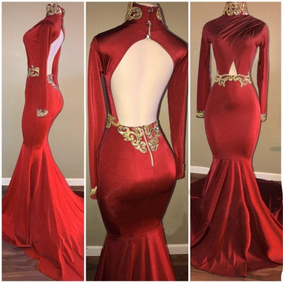Long Sleeve Gold Lace Appliques Red Prom Gowns | High Neck Open Back Mermaid Sexy Prom Dresses_2