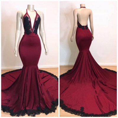 Sexy V-neck Burgundy Prom Dresses with Black Lace | Appliques Mermaid ...