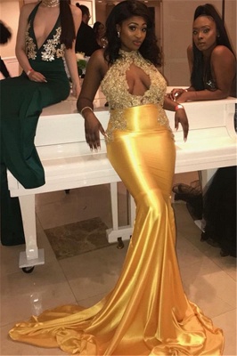 Glamour licou appliques col haut robes de bal bon marché | 2021 Robes de soirée sexy sirène en forme de trou de serrure_2