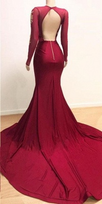 Deep V-neck Long Sleeve Prom Dresses  with Slit | Lace Appliques Sexy Burgundy Evening Gowns_3