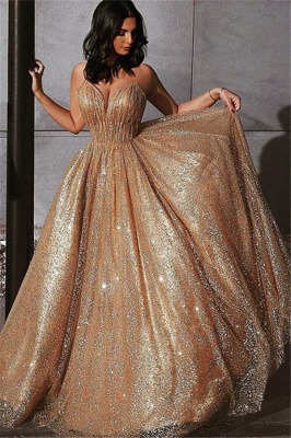 Champagne Elgant A-line Spaghetti Straps Backless Sequins Prom Dresses_1
