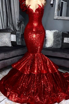 Sparkly Hot Red Mermaid Abendkleid mit Rüschen | Elegante Abendkleider mit glänzenden Details_1