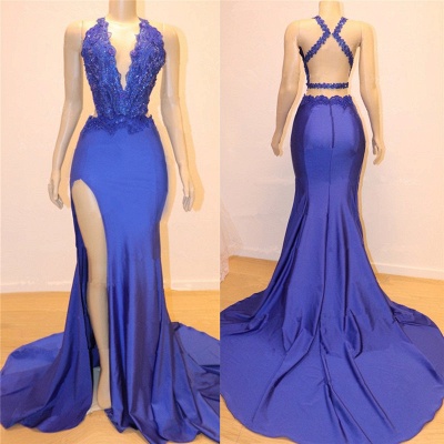 V-neck Open back Side Slit Long Prom Dresses   | Elegant Royal Blue Mermaid Beads Lace Evening Gowns_2