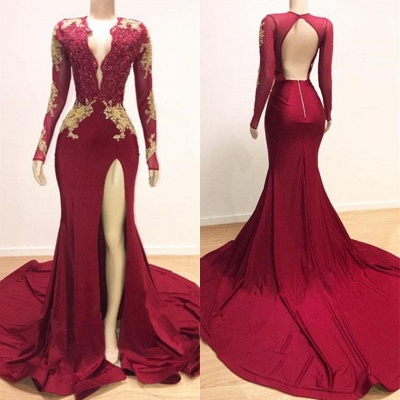 Deep V-neck Long Sleeve Prom Dresses  with Slit | Lace Appliques Sexy Burgundy Evening Gowns_4