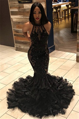 Black Mermaid Halter Sleeveless Open Back Applique Prom Dresses_1