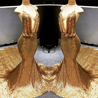 Sexy Deep V-Ausschnitt Gold Pailletten Abendkleid 2021 | Meerjungfrau rückenfreies billiges Abendkleid auf Schaufensterpuppen BC1258_3