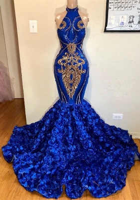 2021 Königsblau Halfter Mermaid Prom Dresses | Wunderschöne ärmellose Blumen lange Abendkleider_2