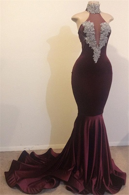 Halter Silver Beads Appliques Sleeveless Mermaid Velvet Long Prom Dresses_1