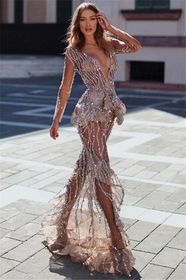 Sexy Meerjungfrau V-Ausschnitt mit langen Ärmeln schiere Tüll Kristall Applique Prom Kleider_1