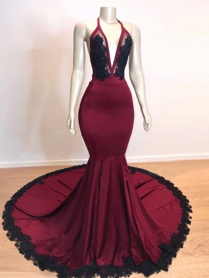 Sexy V-neck Burgundy Prom Dresses with Black Lace | Appliques Mermaid Evening Dresses  Online_3