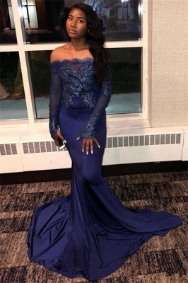 Navy Blue Appliques Long Sleeveless Prom Dresses | Sexy Off The Shoulder Mermaid Evening Gowns_2