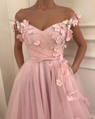 Pink Flowers A-Line Tulle Long   Prom Dress | Elegant Off-the-Shoulder Evening Gowns_2