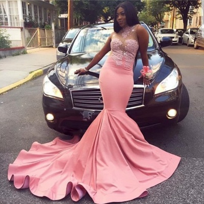 Pink Appliques Sheer Tulle Mermaid Prom Dresses | 2021   High-Neck Sleeveless Evening Gowns_3