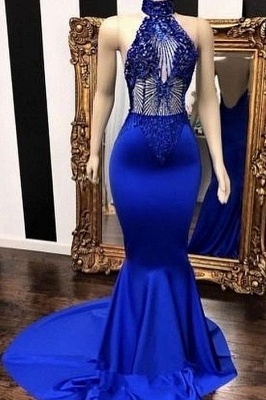 Halter bleu royal sans manches en dentelle de perles sirène longue robes de bal_1