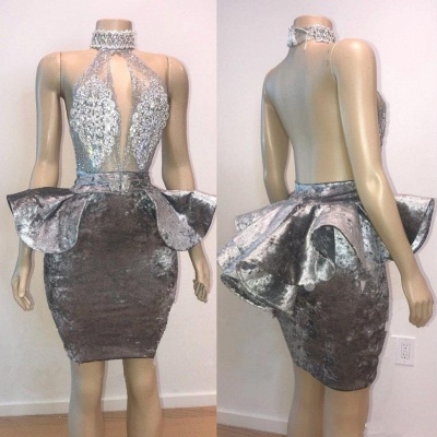 Sexy Backless Silver Velvet Short Prom Dresses | Halter Keyhole Lace Appliques Homecoming Dresses_3