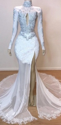 White Stunning Lace Long Sleeve Long Prom Dresses  | New Arrival Sheer Tulle Slit Mermaid Evening Gowns_2