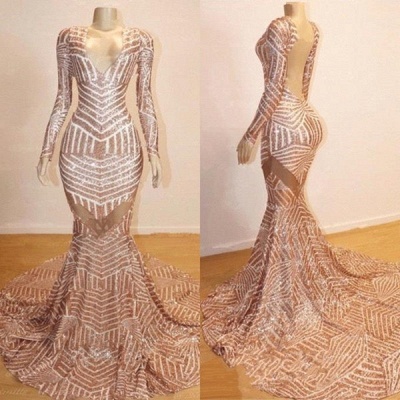 Mermaid Long Sleeve V-neck Sequined Sweep Train Long Prom Dresses_2