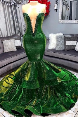Vestidos de fiesta de sirena de volantes preciosos verdes | Apliques de novia sexy vestidos largos de noche_1
