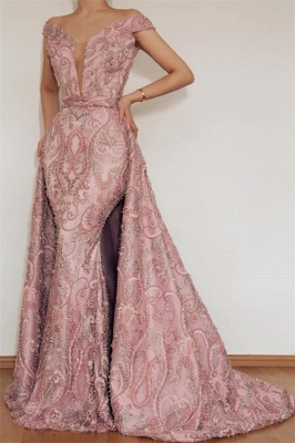 Elegant Mermaid Off The Shoulder Applique Long Pink Evening Dresses With Detachable Skirt_1