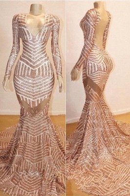 Mermaid Long Sleeve V-neck Sequined Sweep Train Long Prom Dresses_1