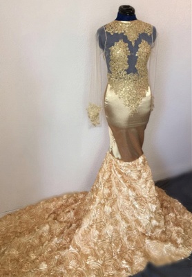 Sexy Meerjungfrau mit langen Ärmeln Blume Applique Champagne Prom Dresses_2