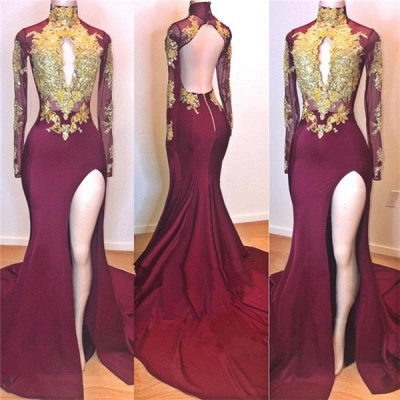 Burgundy Gold Appliques Evening Gowns | Long Sleeve Side Slit Open Back Mermaid Long Prom Dresses_2