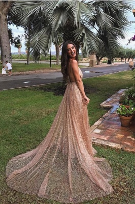 Glamorous Sequins A-Line Long Prom Gowns | 2021 Spaghetti Straps V-Neck Evening Dress_5