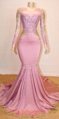 Pink Appliques Long Sleeve Long Prom Dresses  | New Arrival Gorgeous Mermaid Evening Gowns_2