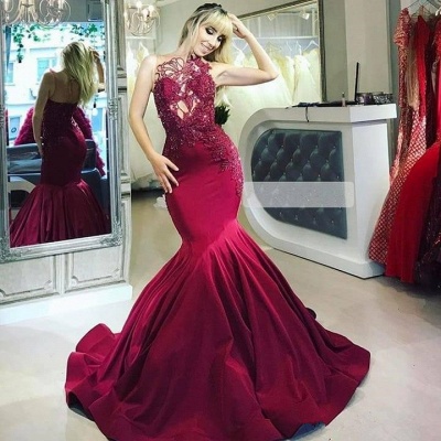 Burgundy Gorgeous Sheer Straps Applique Mermaid Prom Dresses_2