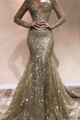 Sexy Mermaid V-Neck Long Sleeves Sequins Prom Dresses_1