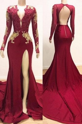 Deep V-neck Long Sleeve Prom Dresses  with Slit | Lace Appliques Sexy Burgundy Evening Gowns_1