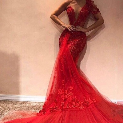 Gorgeous Mermaid One Shoulder Tulle Appliques Prom Dresses_2