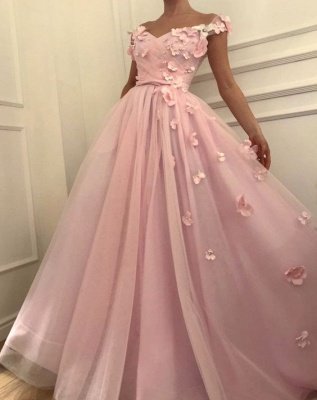 Rosa flores una línea de tul largo vestido de fiesta barato | Elegantes vestidos de noche fuera del hombro_4