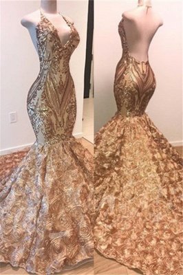 Glamorous Gold Sequins Sleeveless Prom Dresses  | Shiny Mermaid Evening Gowns With Flowers Bottom_1