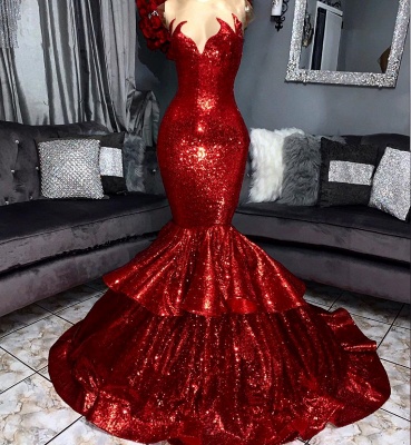 Sparkly Hot Red Mermaid Abendkleid mit Rüschen | Elegante Abendkleider mit glänzenden Details_3