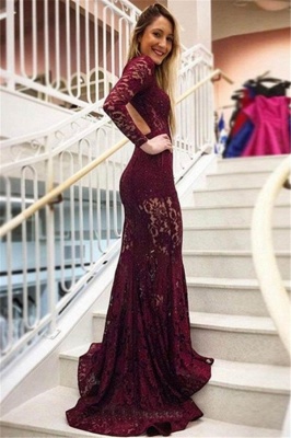 Gorgeous Mermaid Lace High Neck Long Sleeves Prom Dresses_2