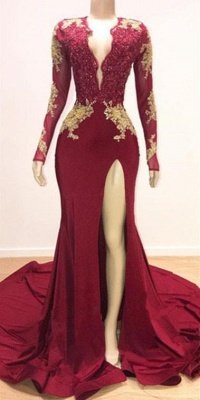 Deep V-neck Long Sleeve Prom Dresses  with Slit | Lace Appliques Sexy Burgundy Evening Gowns_2
