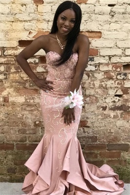 Gorgeous Pink Mermaid Strapless Ruffles Crystal Prom Dresses_1