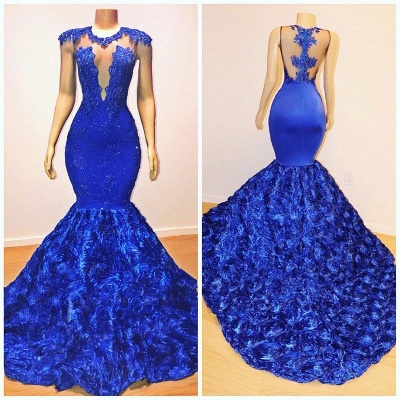 New Arrival Royal Blue Flowers Mermaid Evening Gowns | Glamorous Sleeveless With lace Appliques Long Prom Dresses_5