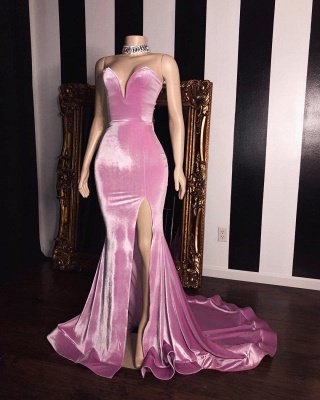 Pink Velvet Sweetheart Long Prom Dresses  | Elegant Side Slit Mermaid Evening Gowns_2