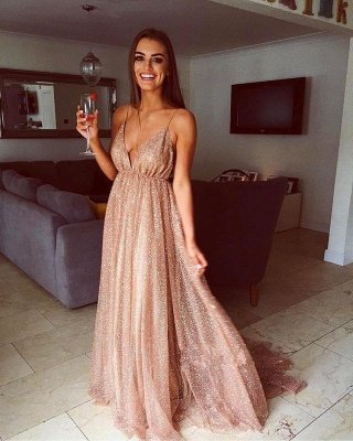 Glamorous Sequins A-Line Long Prom Gowns | 2021 Spaghetti Straps V-Neck Evening Dress_6