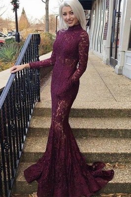 Gorgeous Mermaid Lace High Neck Long Sleeves Prom Dresses_1