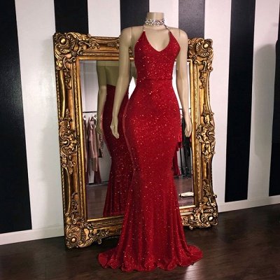 Sequins Sleeveless Mermaid Long Prom Dresses  | Glitter New Arrival Halter Red Evening Gowns_2